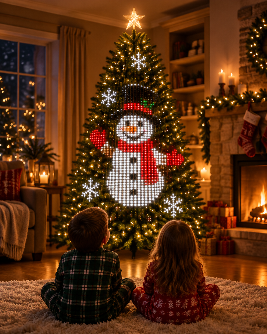 Kids watching a snowman animation on a LumiTree smart Christmas tree